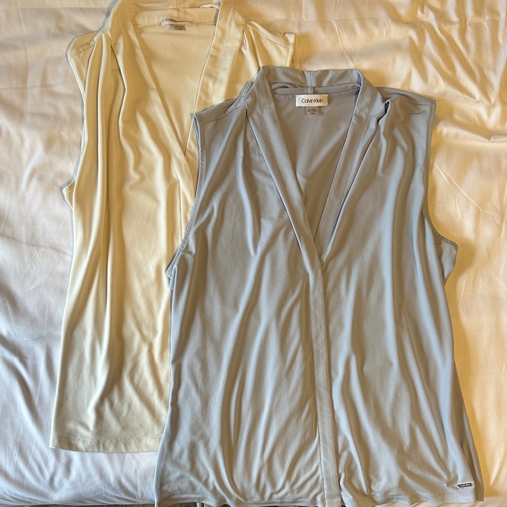 Calvin Klein Cream and Light Blue Sleeveless Tops